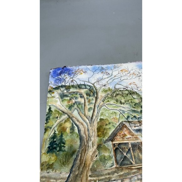 2 sided Watercolor Painting Flowers Vase Scenic Covered Bridge Landscape READ - Picture 7 of 11